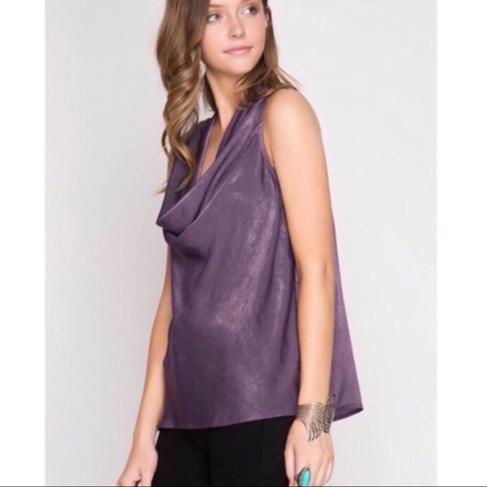 Purple Satin Cowl Neck Blouse - Picture 4 of 5